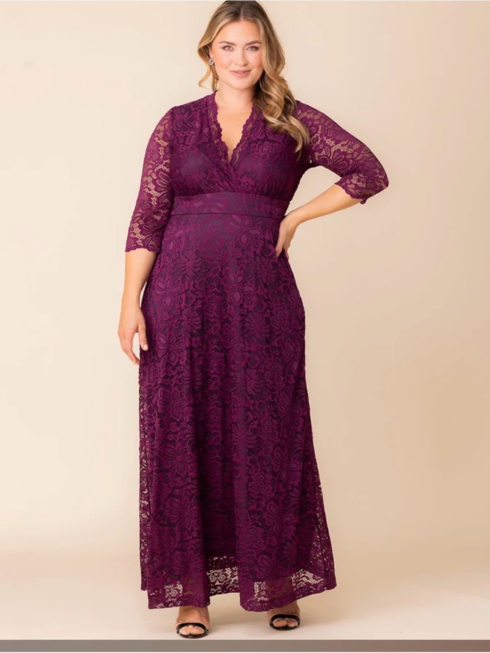 Kiyonna Plum Lace V-Neck Wrap Maxi Dress